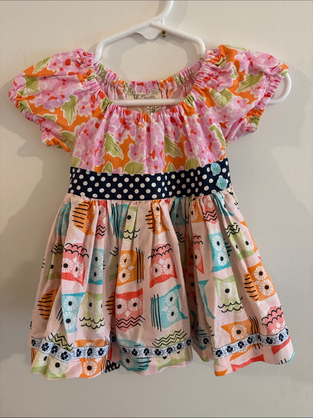 Matilda Jane Pink Floral & Owl Print Dress with Navy Polka-Dot Waistband